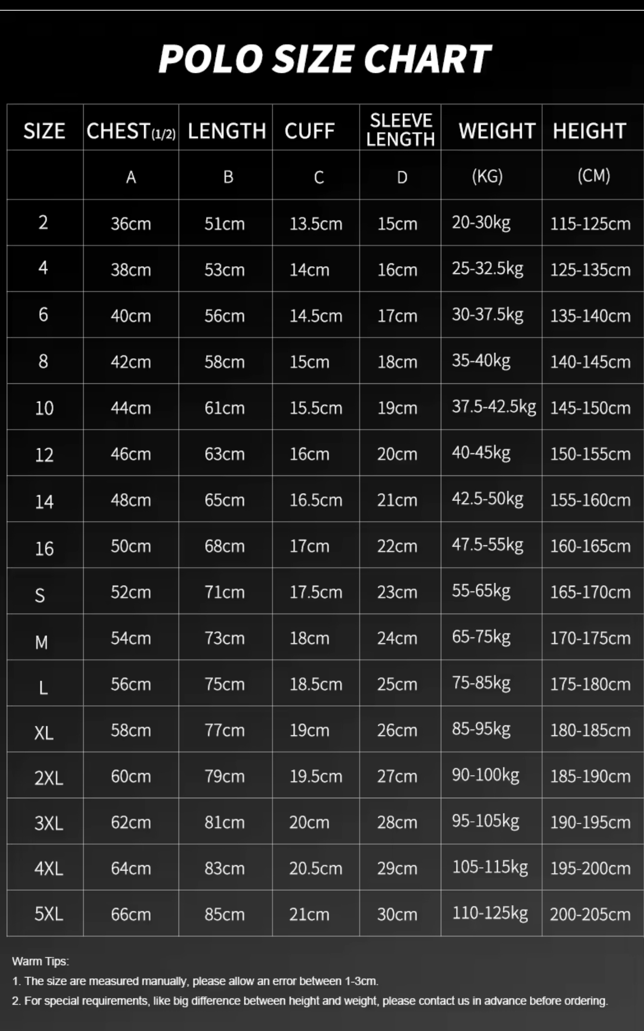 Polo Shirt Size Guide